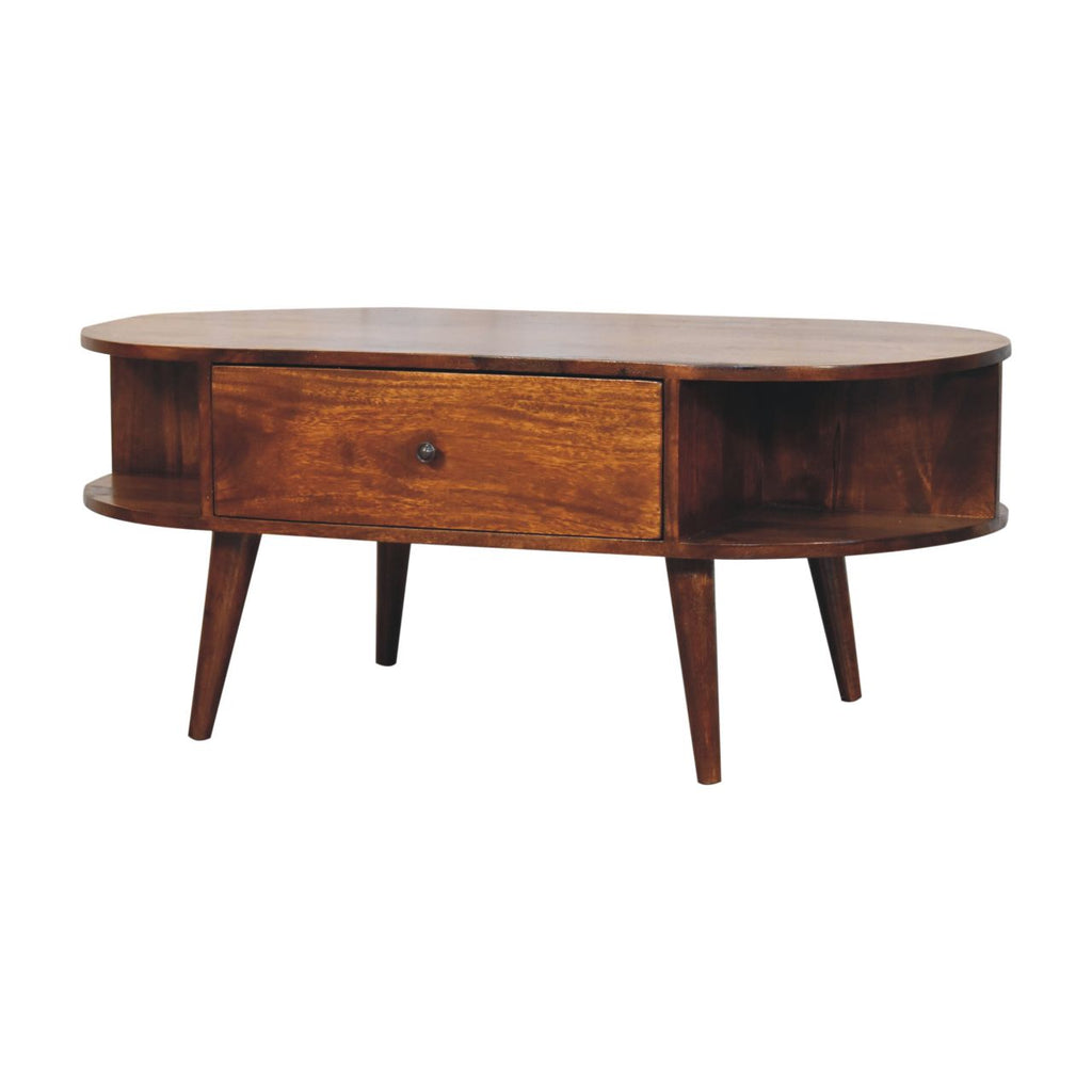 Oval Solid Wood Coffee Table with 2 Drawers – Chestnut Finish