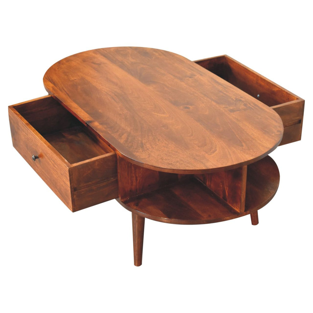 Oval Solid Wood Coffee Table with 2 Drawers – Chestnut Finish