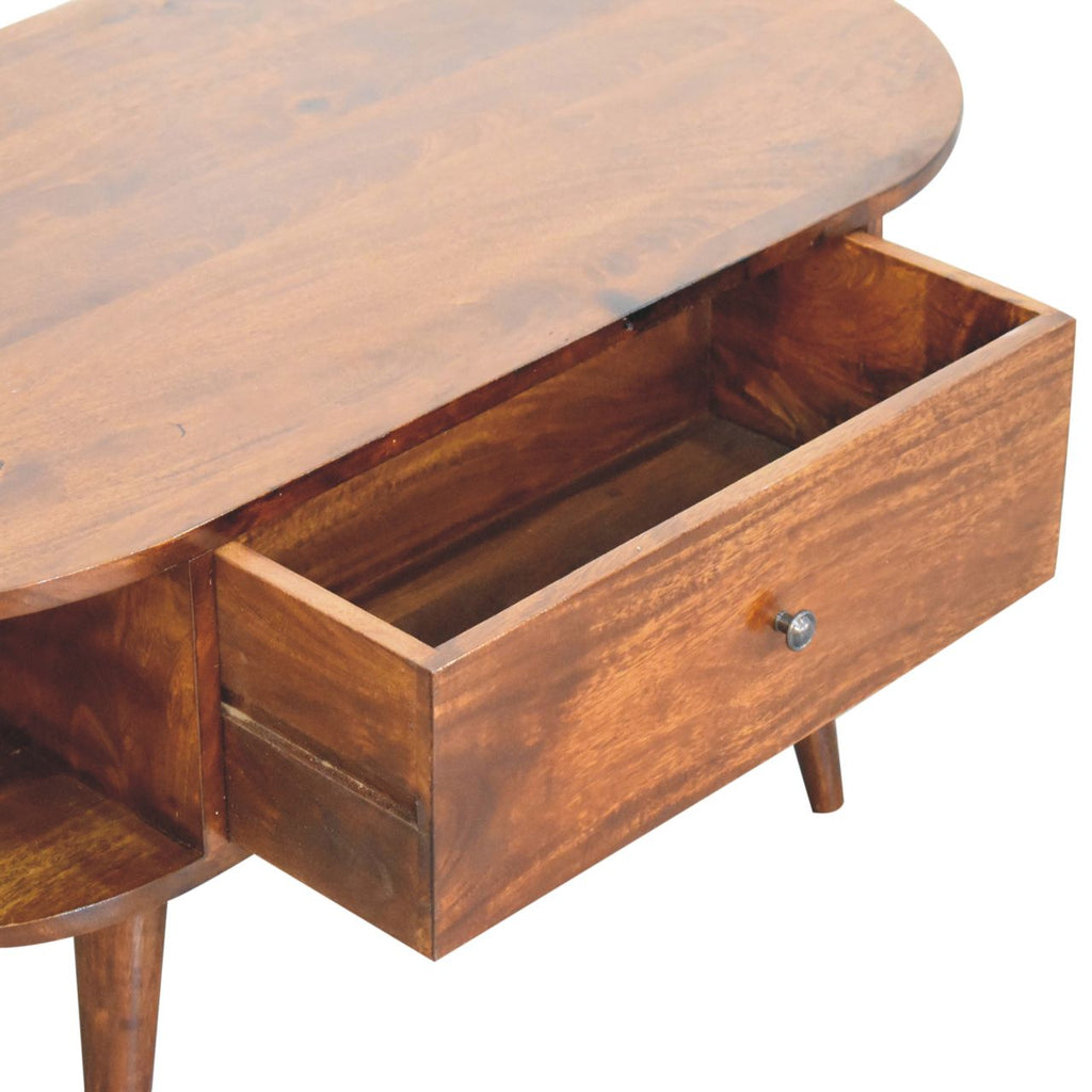 Oval Solid Wood Coffee Table with 2 Drawers – Chestnut Finish