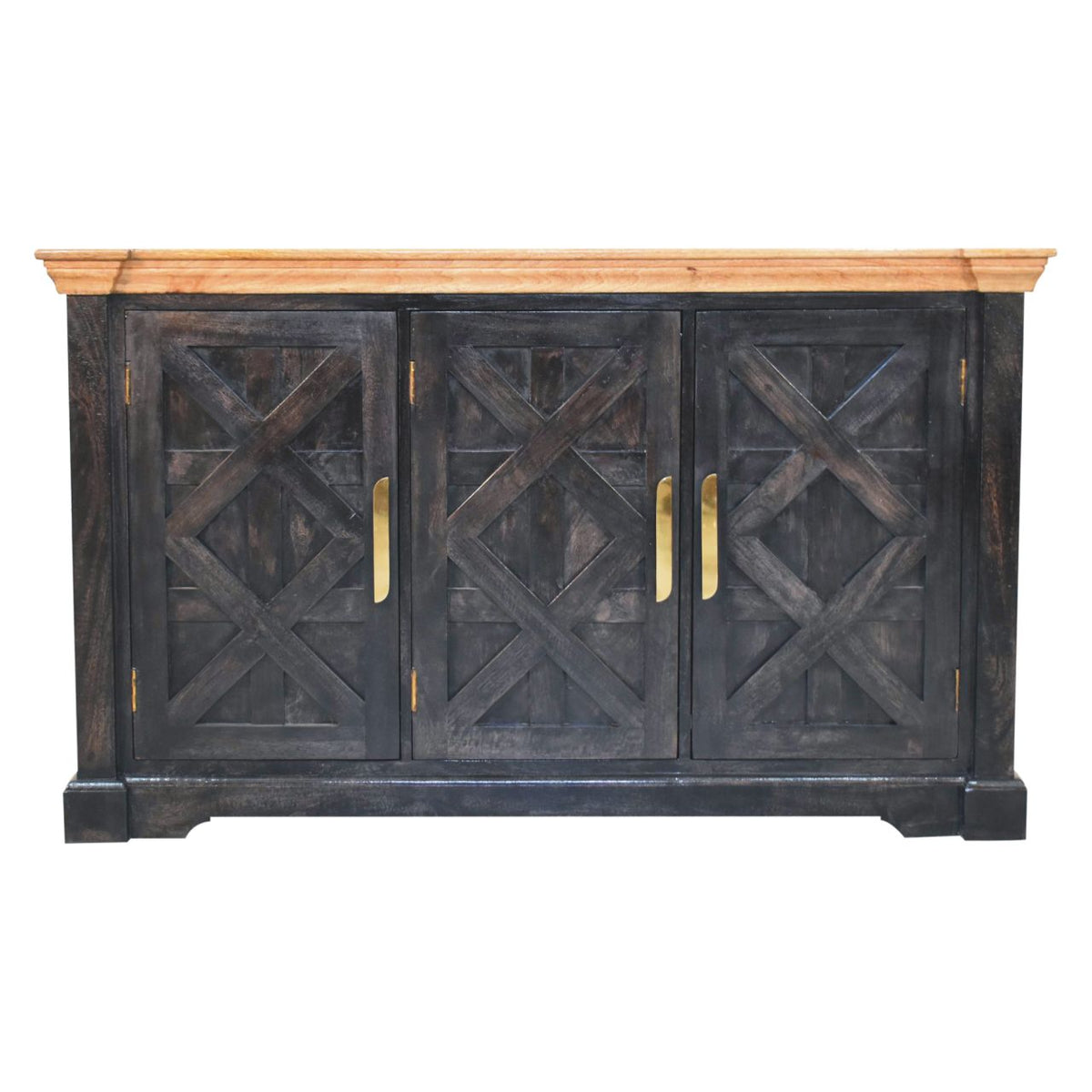 Regal Rustic Solid Mango Wood Sideboard – Ash Black Base; Oak-Ish Top