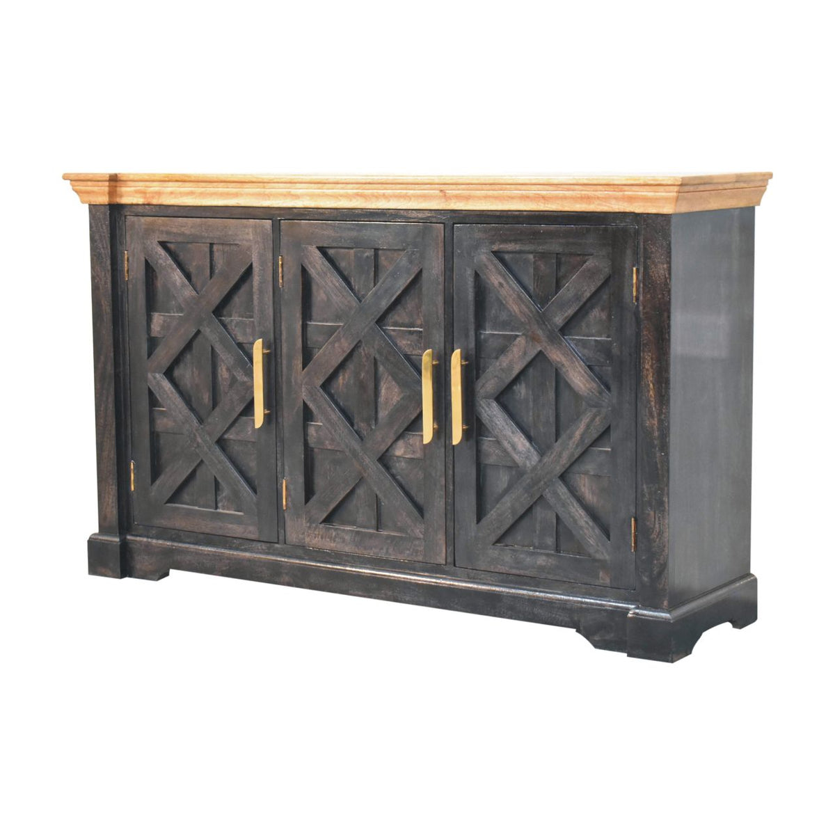 Regal Rustic Solid Mango Wood Sideboard – Ash Black Base; Oak-Ish Top