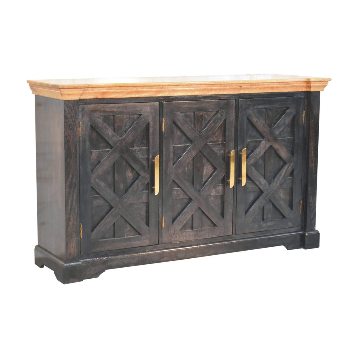 Regal Rustic Solid Mango Wood Sideboard – Ash Black Base; Oak-Ish Top