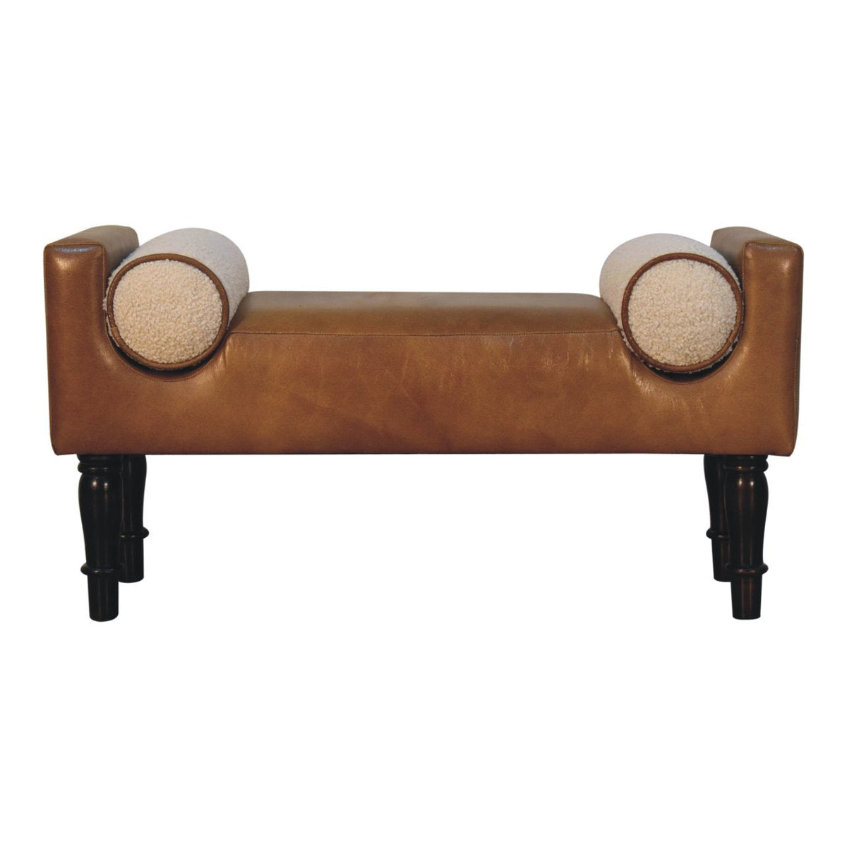 Chester Buffalo Leather Bench – Walnut Mango Wood Feet & Bouclé Cushions