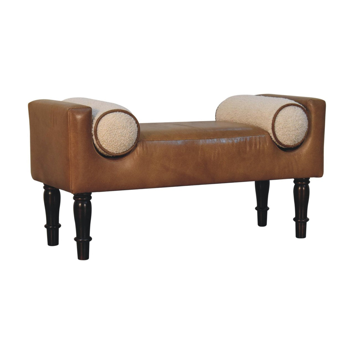 Chester Buffalo Leather Bench – Walnut Mango Wood Feet & Bouclé Cushions