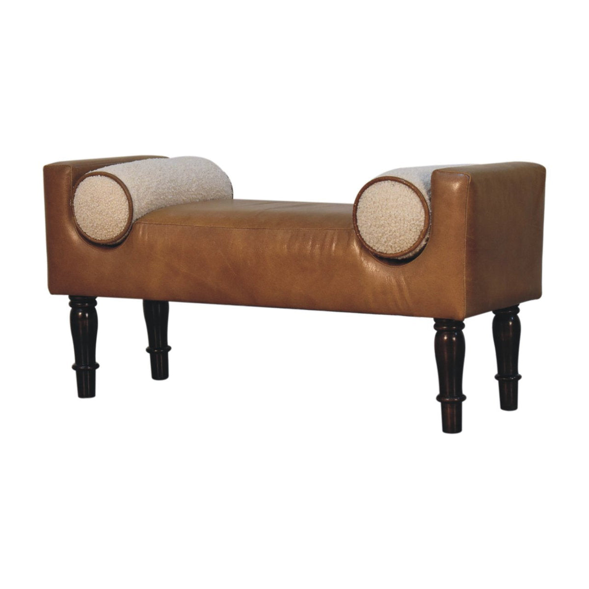 Chester Buffalo Leather Bench – Walnut Mango Wood Feet & Bouclé Cushions