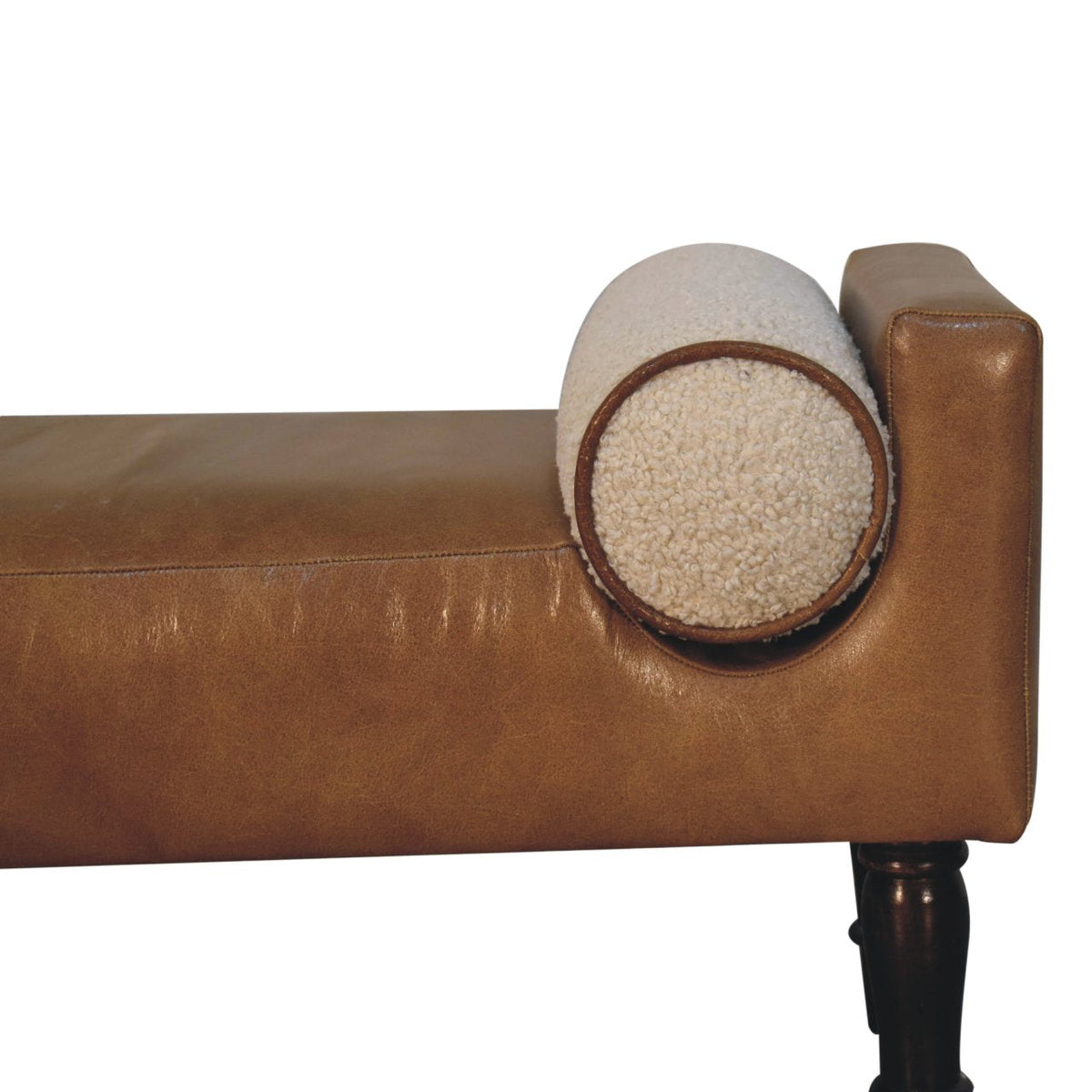 Chester Buffalo Leather Bench – Walnut Mango Wood Feet & Bouclé Cushions
