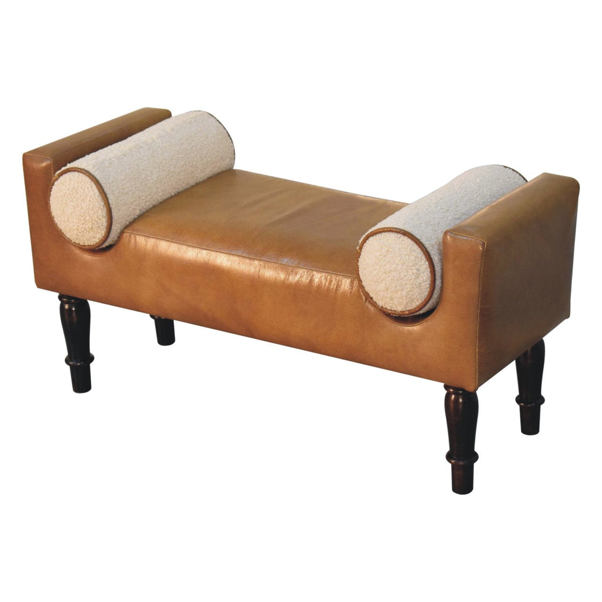 Chester Buffalo Leather Bench – Walnut Mango Wood Feet & Bouclé Cushions