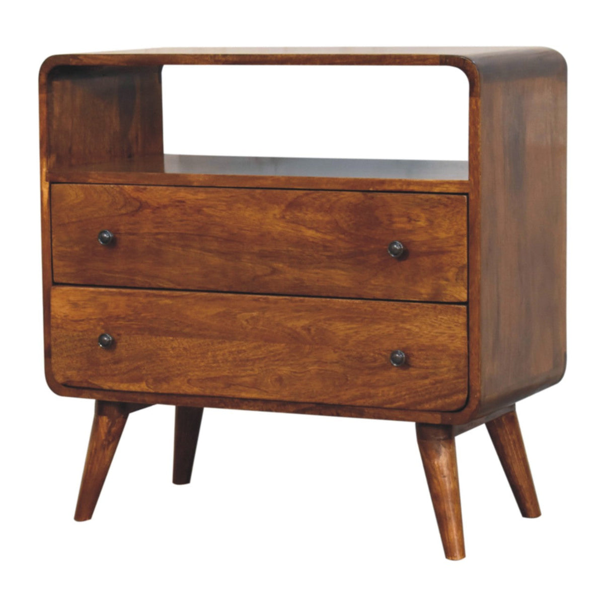 Curved Nordic Charm Solid Mango Wood Chest – Chestnut Finish