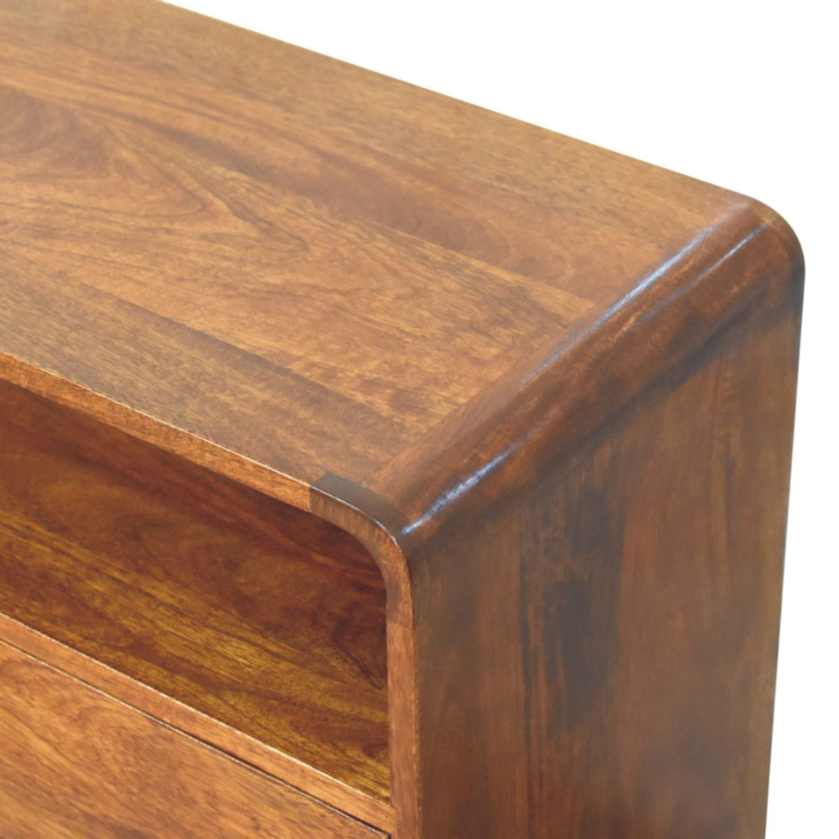 Curved Nordic Charm Solid Mango Wood Chest – Chestnut Finish