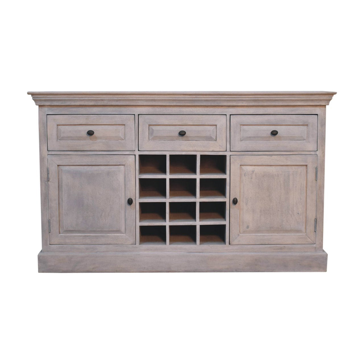 Wine Storage Cabinet – Acid-Wash Finish, Drawers & 12 Bottle Slots