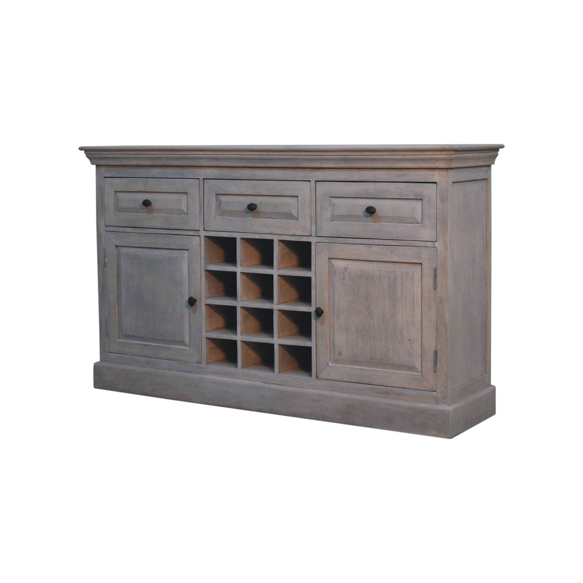 Wine Storage Cabinet – Acid-Wash Finish, Drawers & 12 Bottle Slots