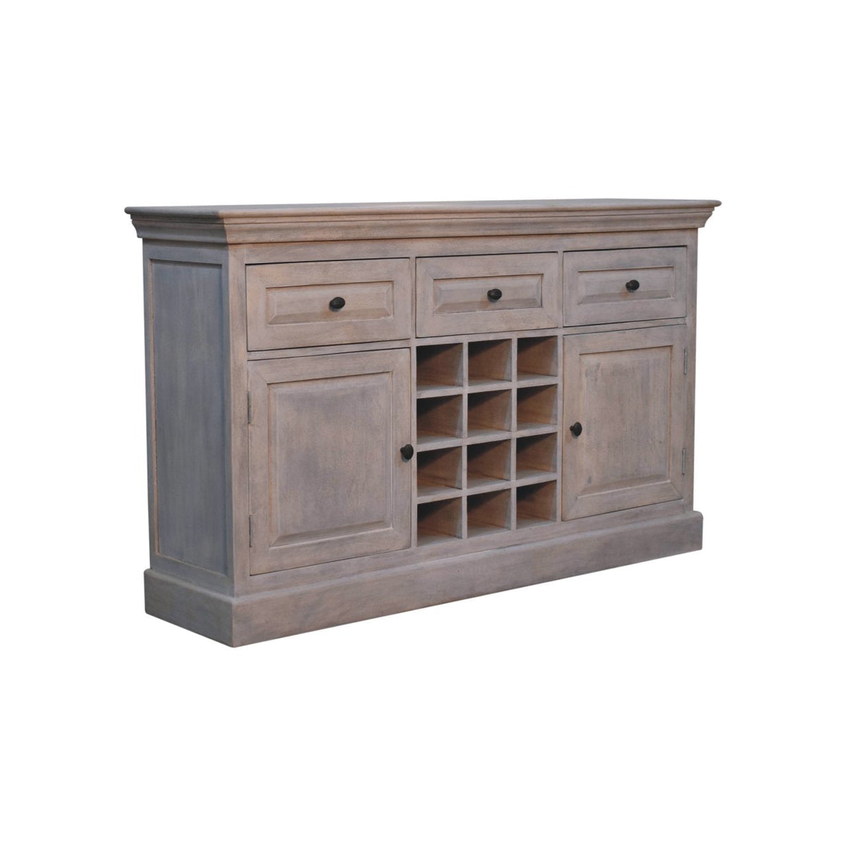 Wine Storage Cabinet – Acid-Wash Finish, Drawers & 12 Bottle Slots