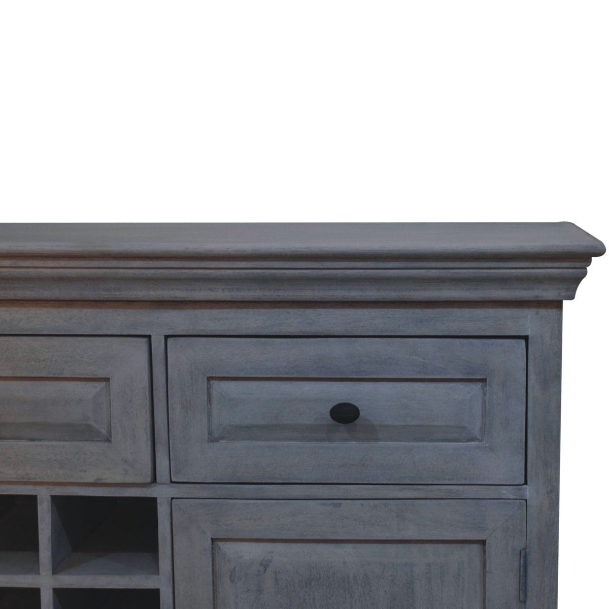 Wine Storage Cabinet – Acid-Wash Finish, Drawers & 12 Bottle Slots