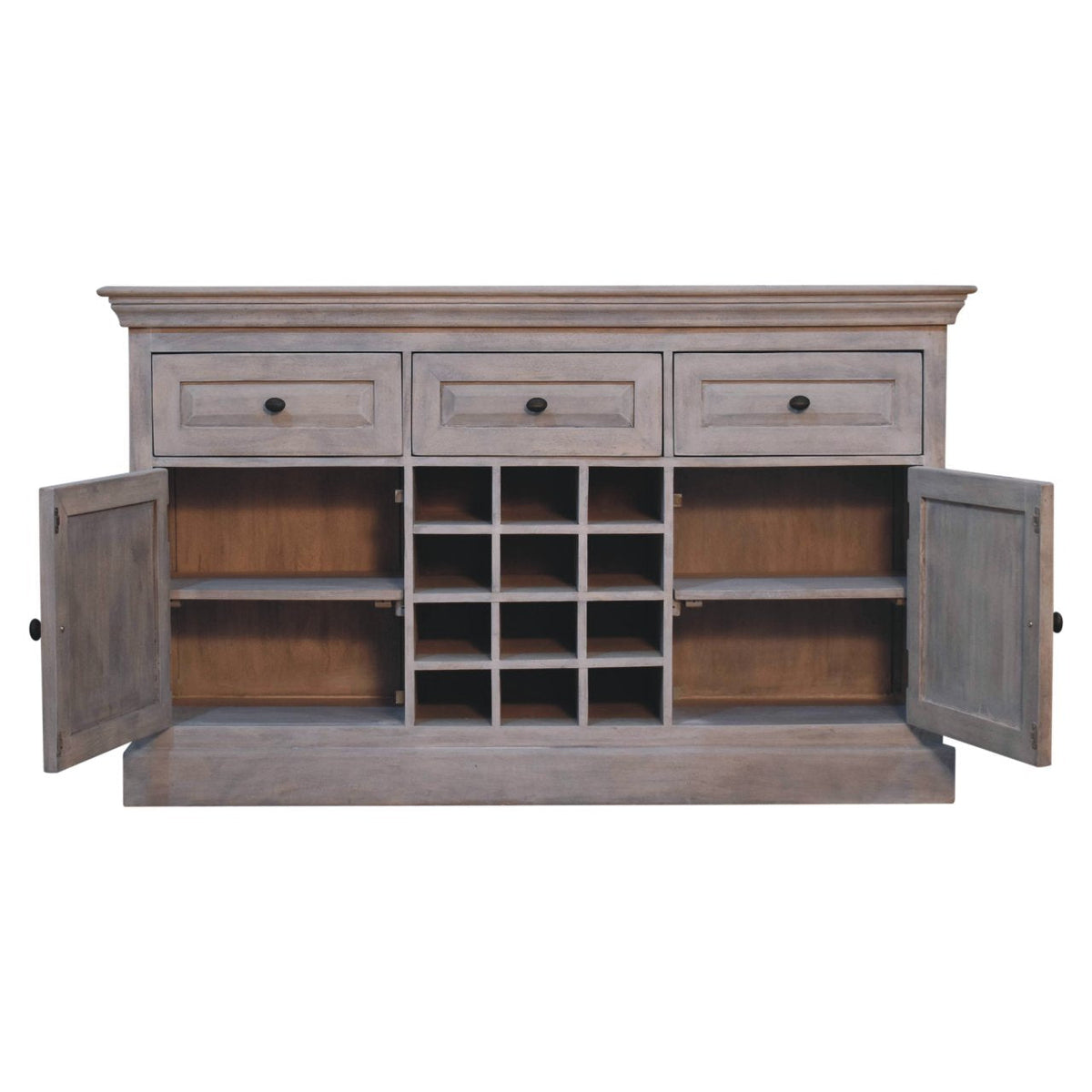 Wine Storage Cabinet – Acid-Wash Finish, Drawers & 12 Bottle Slots