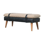 Bouclé & Olive Green Leather Bench – Oak-Ish Finish