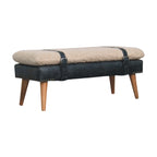 Bouclé & Olive Green Leather Bench – Oak-Ish Finish