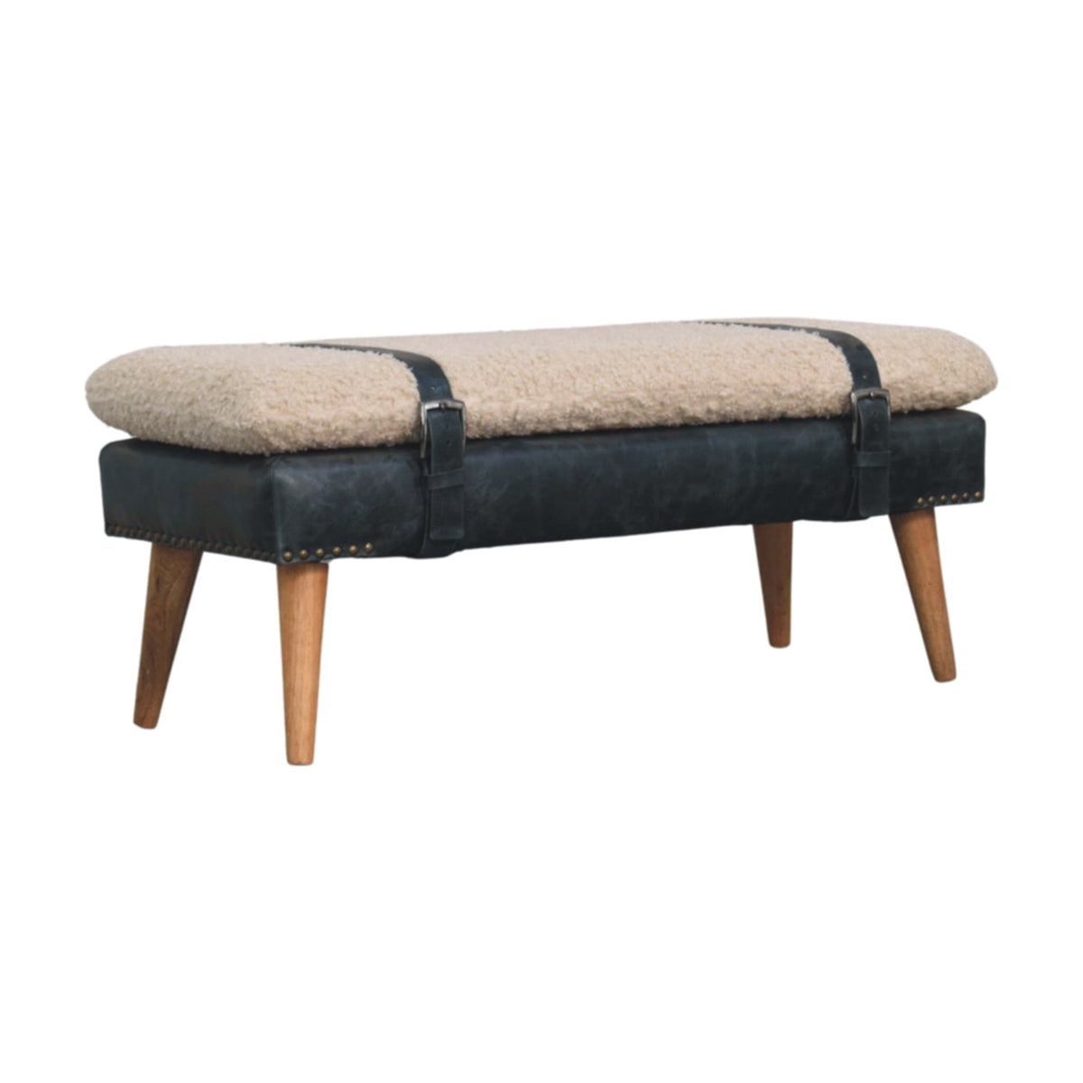 Bouclé & Olive Green Leather Bench – Oak-Ish Finish