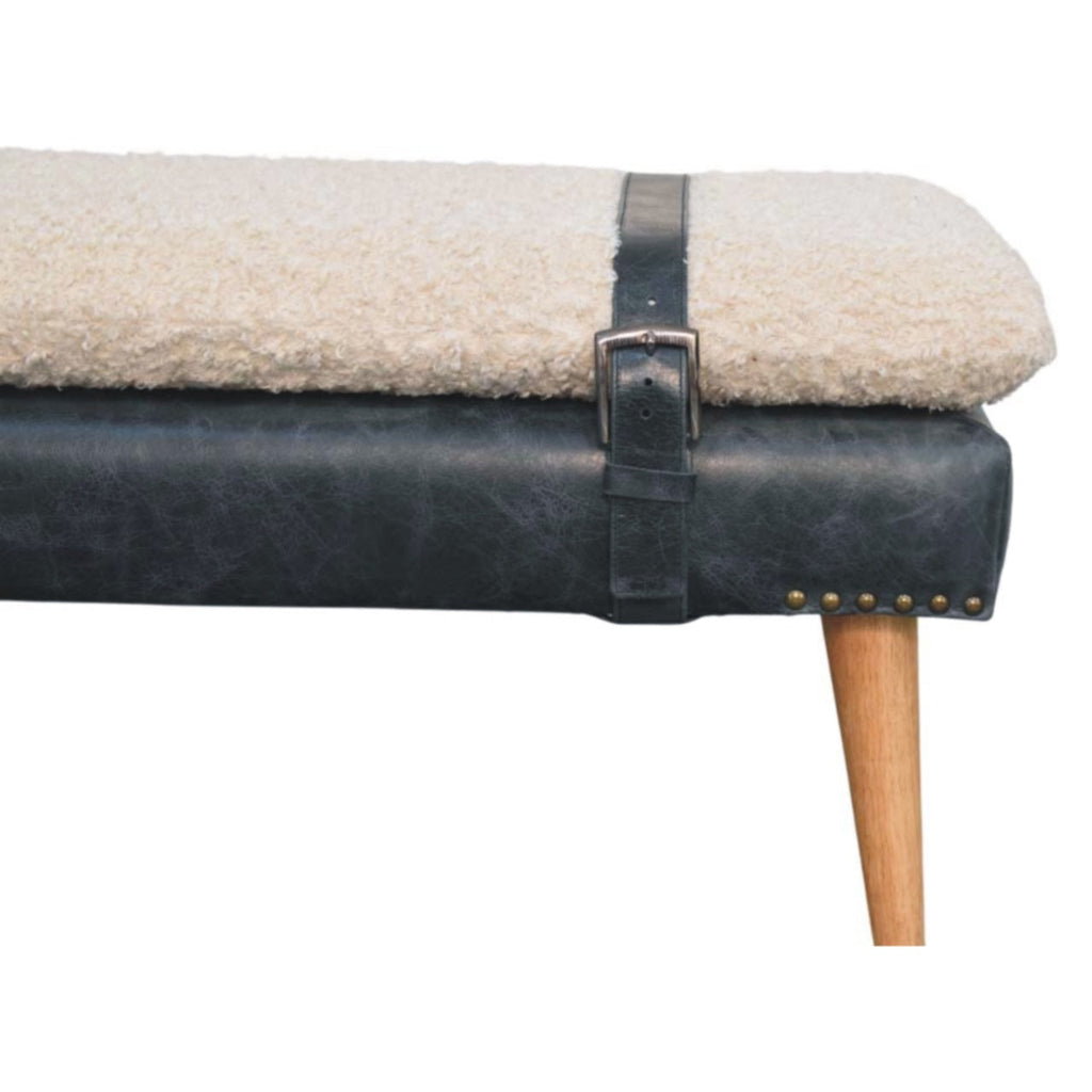 Bouclé & Olive Green Leather Bench – Oak-Ish Finish
