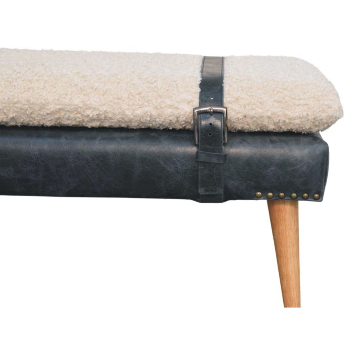 Bouclé & Olive Green Leather Bench – Oak-Ish Finish