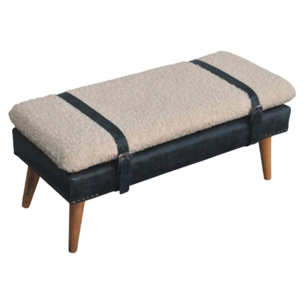 Bouclé & Olive Green Leather Bench – Oak-Ish Finish