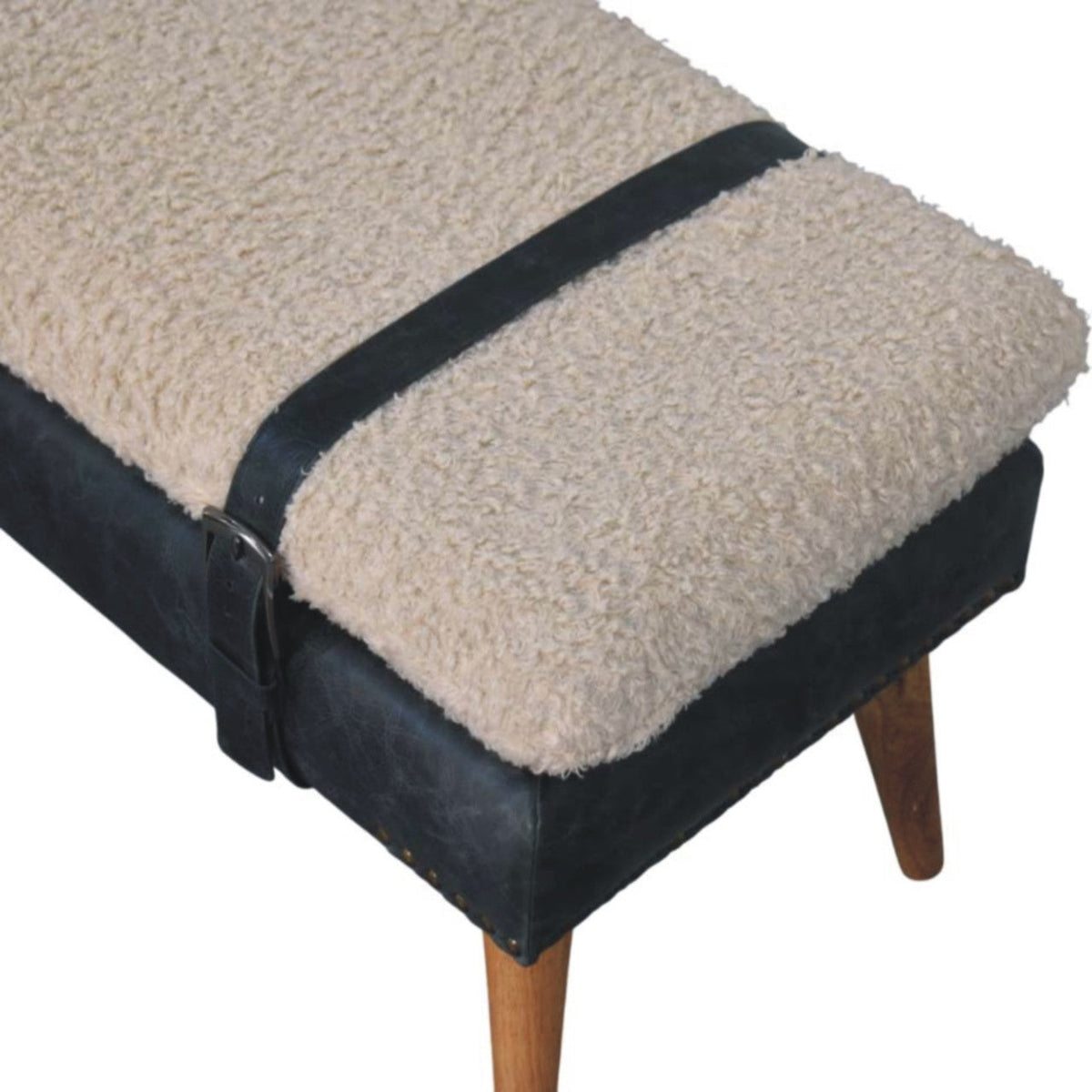 Bouclé & Olive Green Leather Bench – Oak-Ish Finish