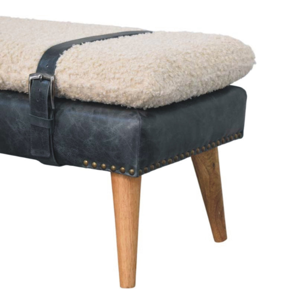 Bouclé & Olive Green Leather Bench – Oak-Ish Finish