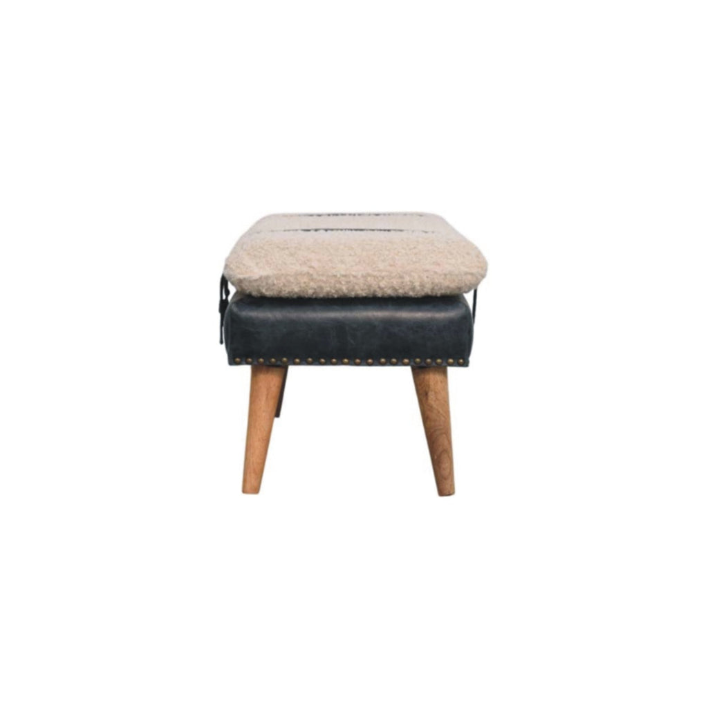 Bouclé & Olive Green Leather Bench – Oak-Ish Finish
