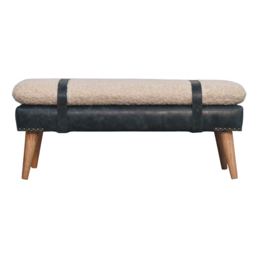 Bouclé & Olive Green Leather Bench – Oak-Ish Finish