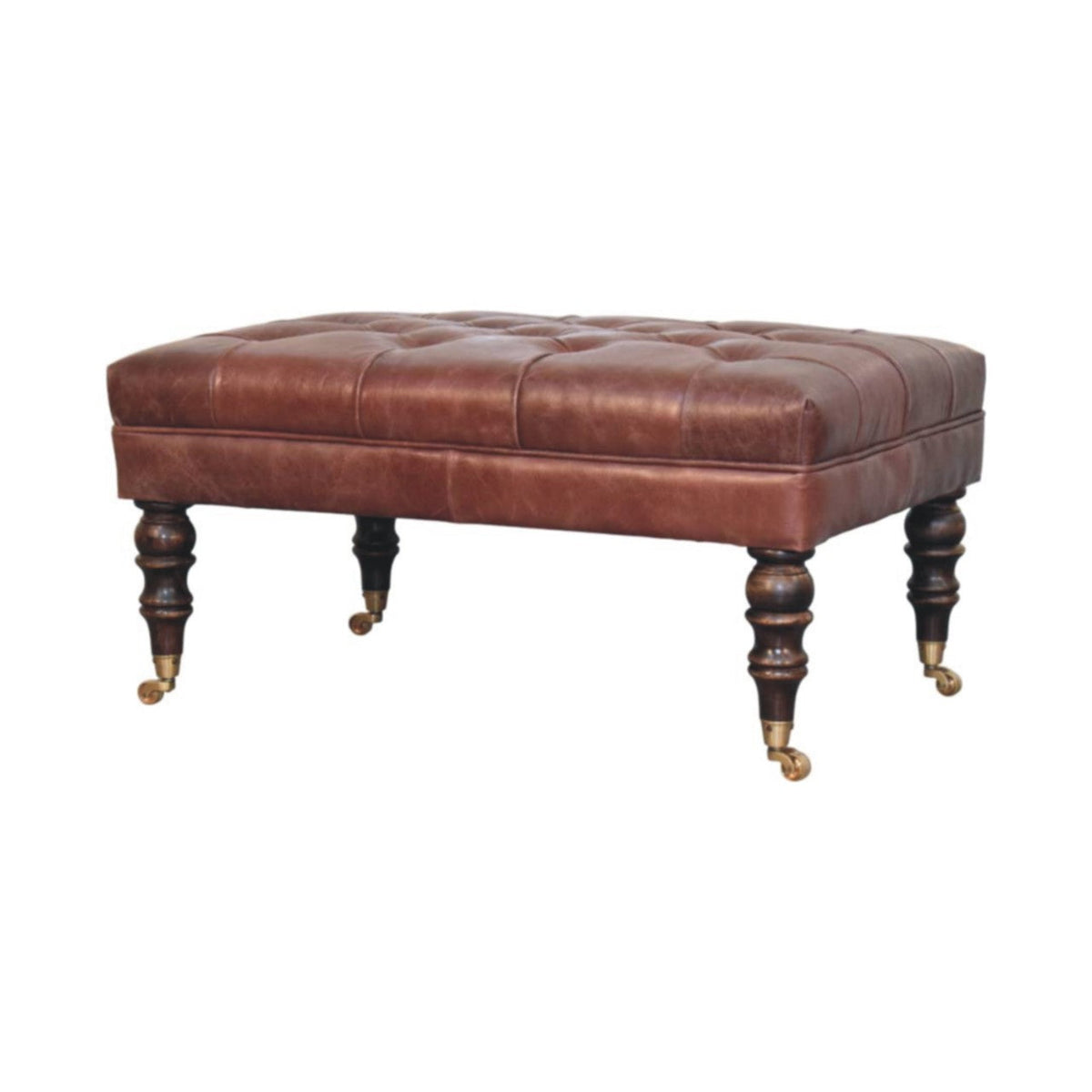 Brown Buffalo Leather Ottoman – Tufted Top & Brass Castors