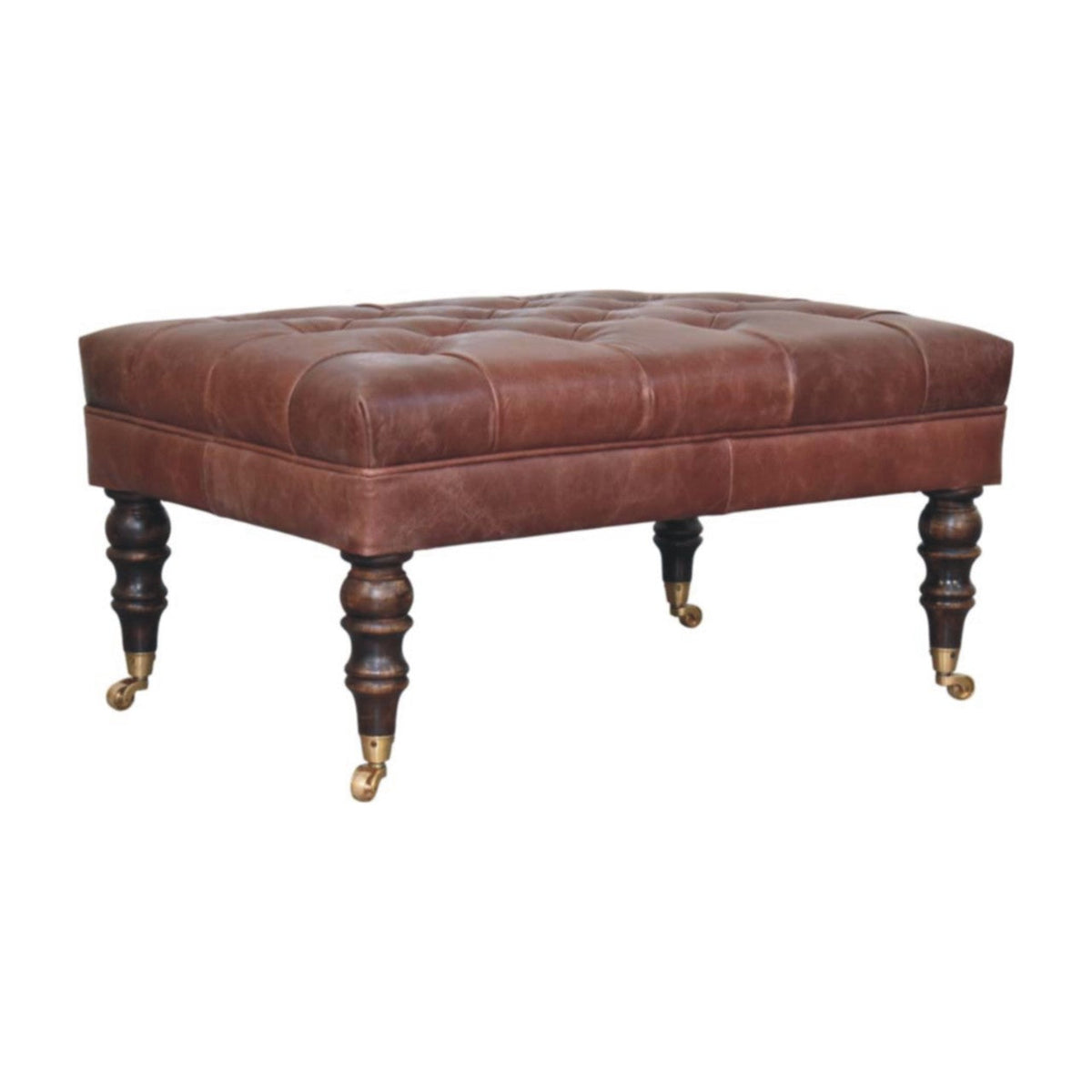 Brown Buffalo Leather Ottoman – Tufted Top & Brass Castors