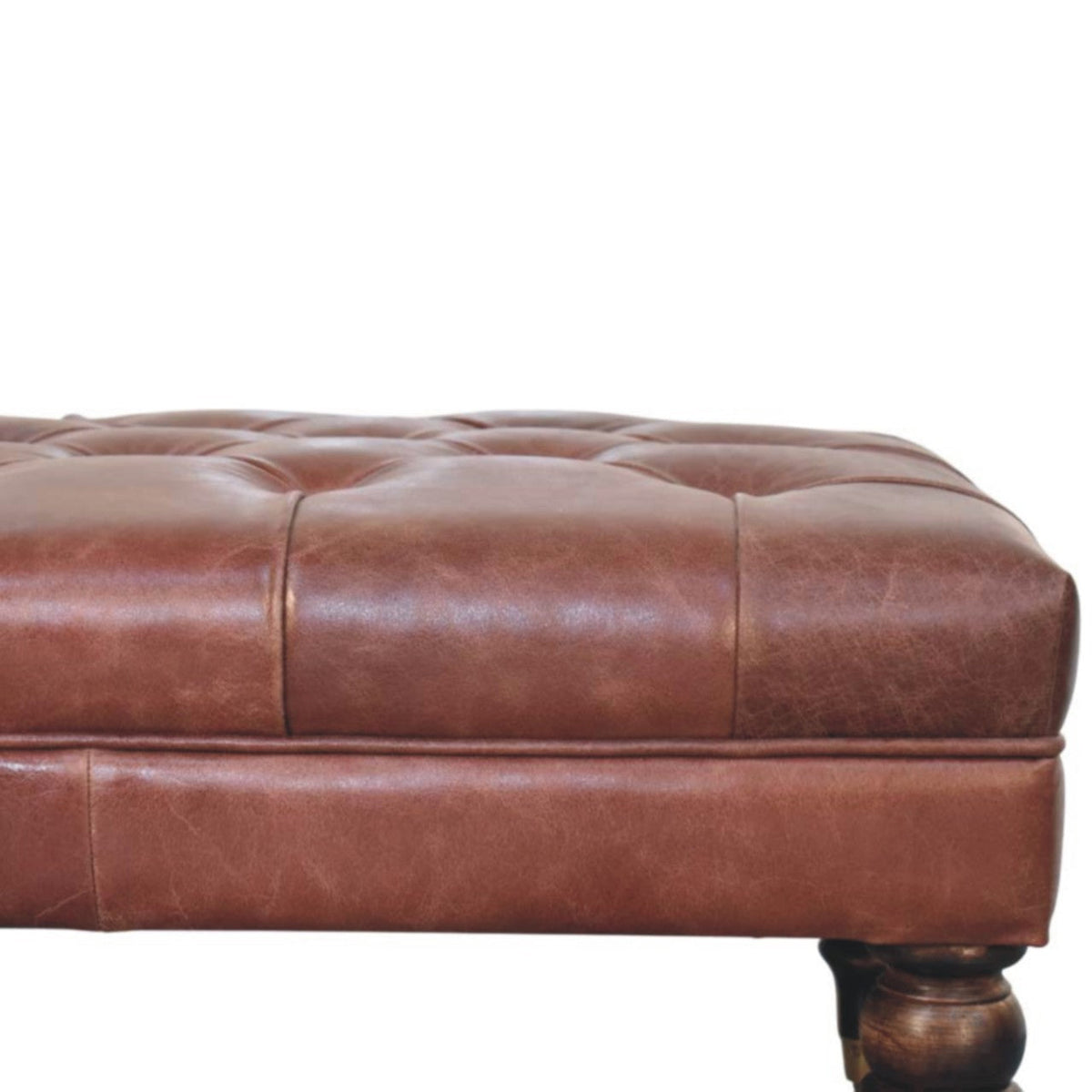Brown Buffalo Leather Ottoman – Tufted Top & Brass Castors