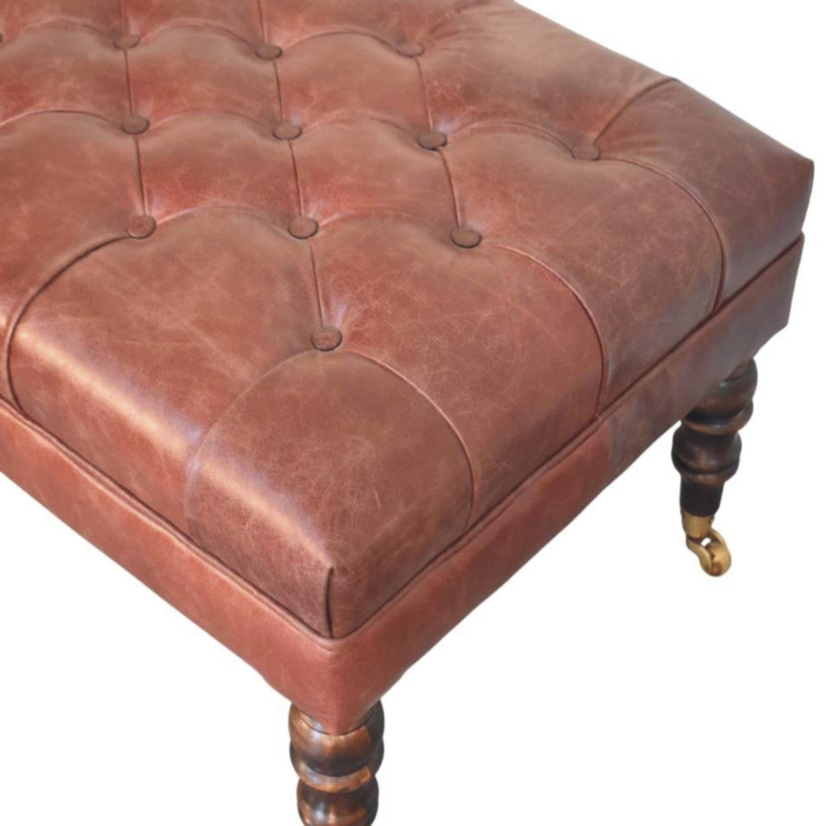Brown Buffalo Leather Ottoman – Tufted Top & Brass Castors