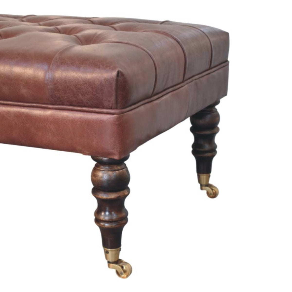 Brown Buffalo Leather Ottoman – Tufted Top & Brass Castors
