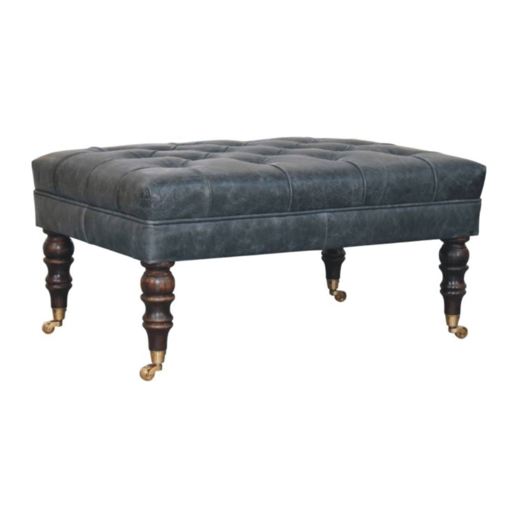 Teal Buffalo Leather Ottoman – Tufted Top & Brass Castors