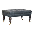 Teal Buffalo Leather Ottoman – Tufted Top & Brass Castors
