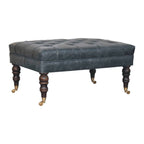 Teal Buffalo Leather Ottoman – Tufted Top & Brass Castors