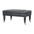 Teal Buffalo Leather Ottoman – Tufted Top & Brass Castors