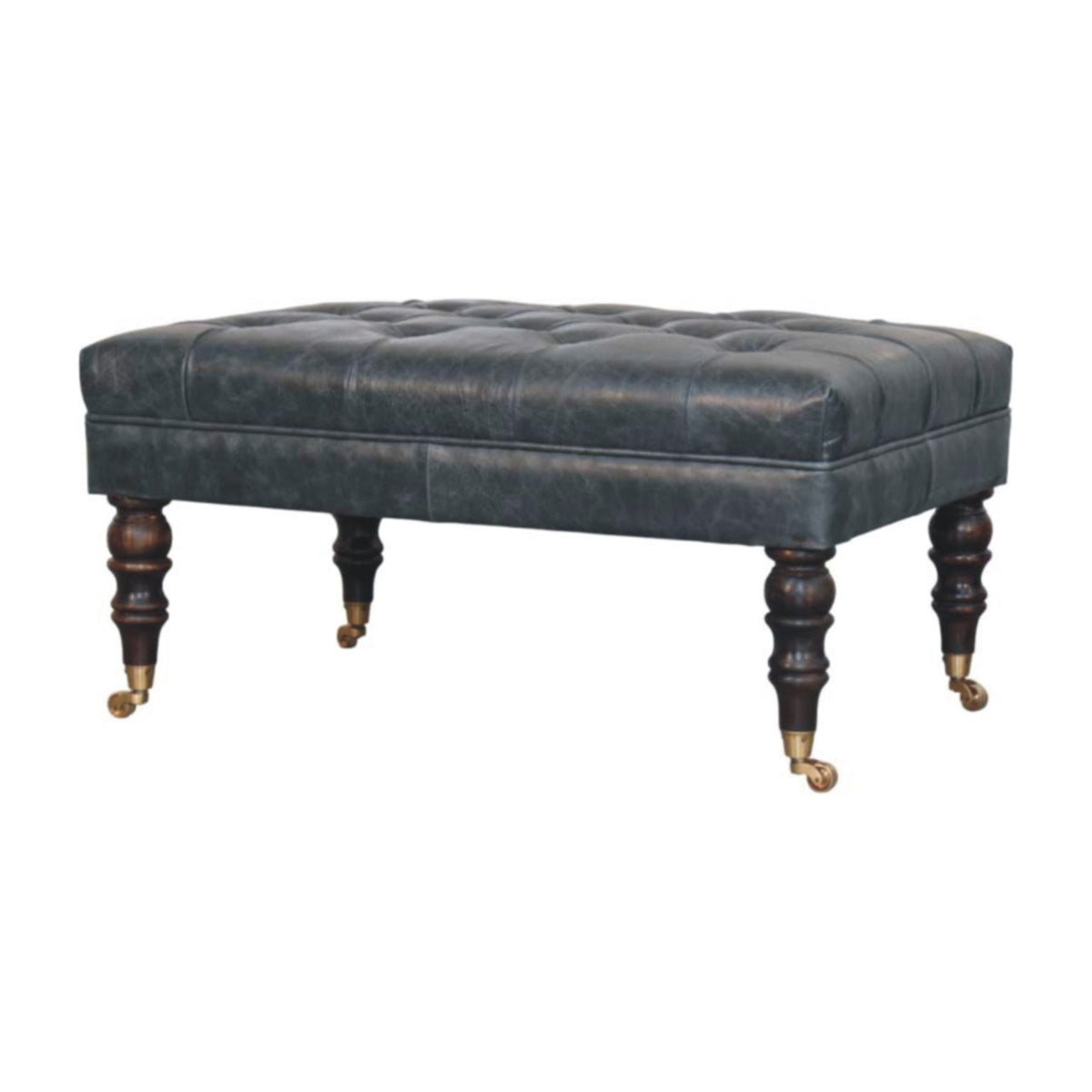 Teal Buffalo Leather Ottoman – Tufted Top & Brass Castors