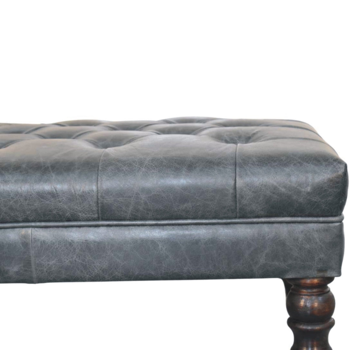 Teal Buffalo Leather Ottoman – Tufted Top & Brass Castors