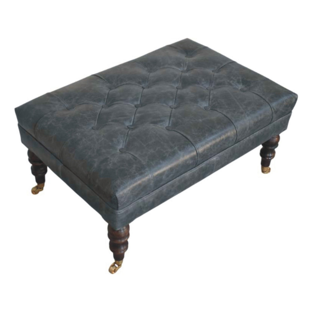 Teal Buffalo Leather Ottoman – Tufted Top & Brass Castors