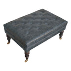 Teal Buffalo Leather Ottoman – Tufted Top & Brass Castors