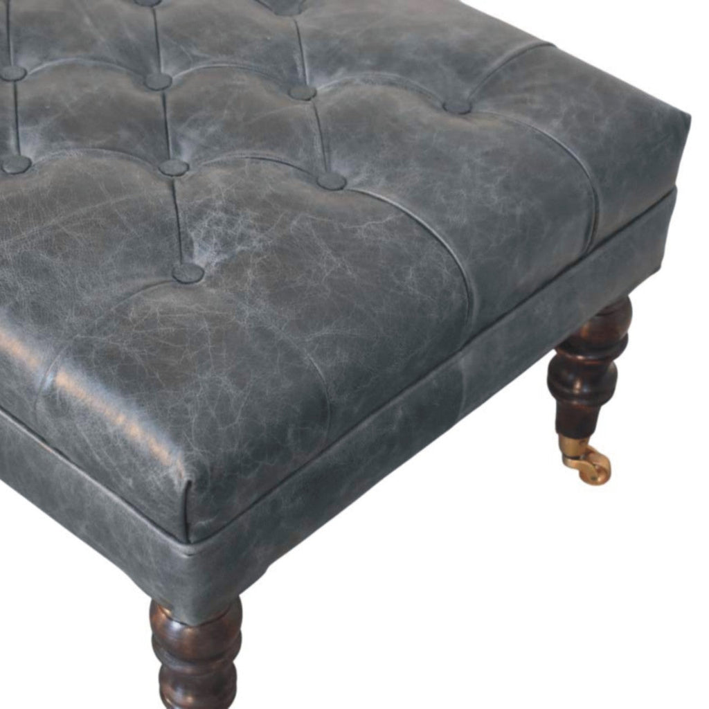 Teal Buffalo Leather Ottoman – Tufted Top & Brass Castors