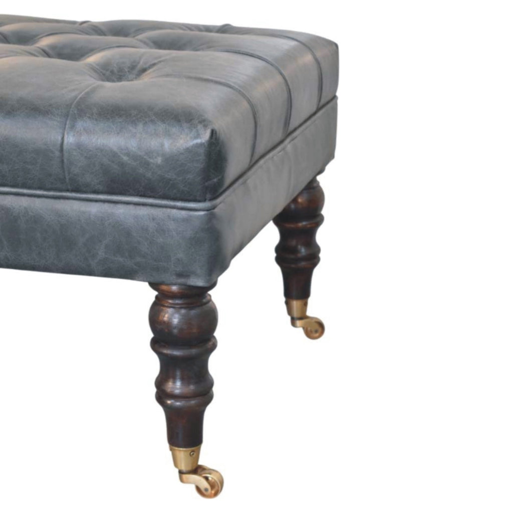 Teal Buffalo Leather Ottoman – Tufted Top & Brass Castors