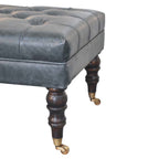 Teal Buffalo Leather Ottoman – Tufted Top & Brass Castors