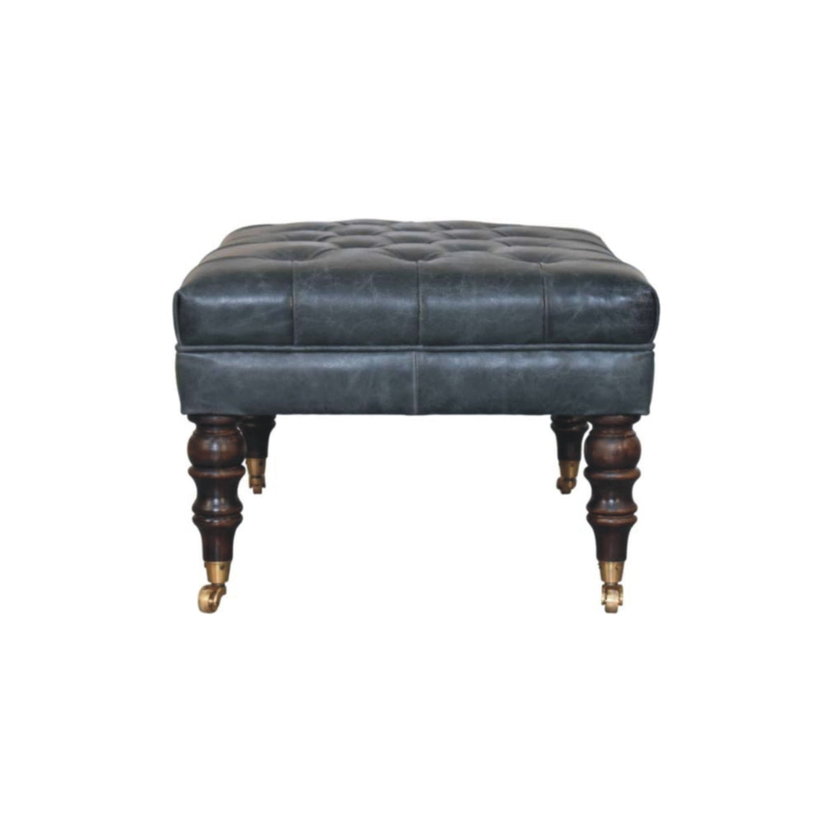 Teal Buffalo Leather Ottoman – Tufted Top & Brass Castors