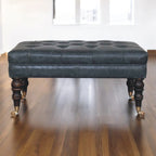 Teal Buffalo Leather Ottoman – Tufted Top & Brass Castors