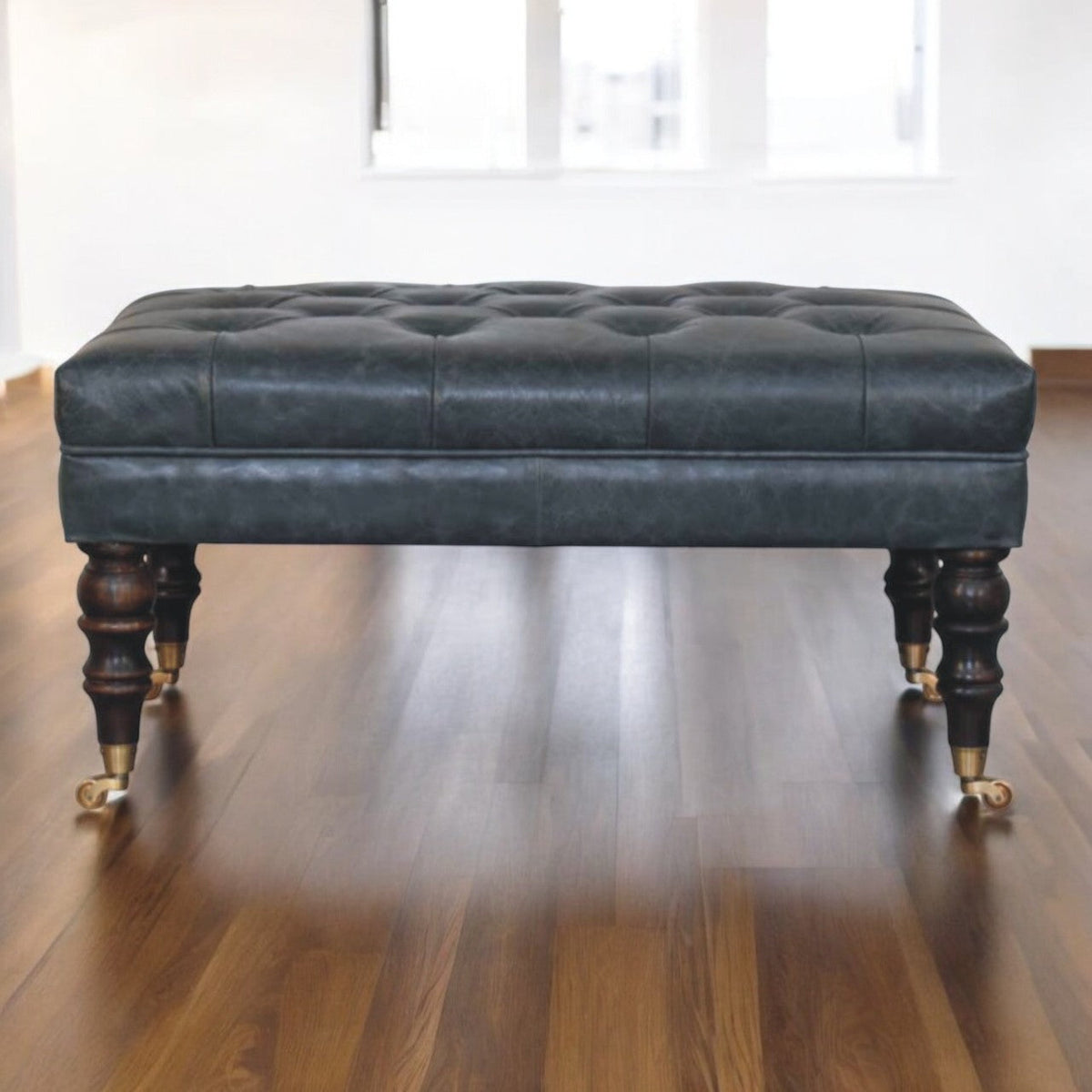 Teal Buffalo Leather Ottoman – Tufted Top & Brass Castors