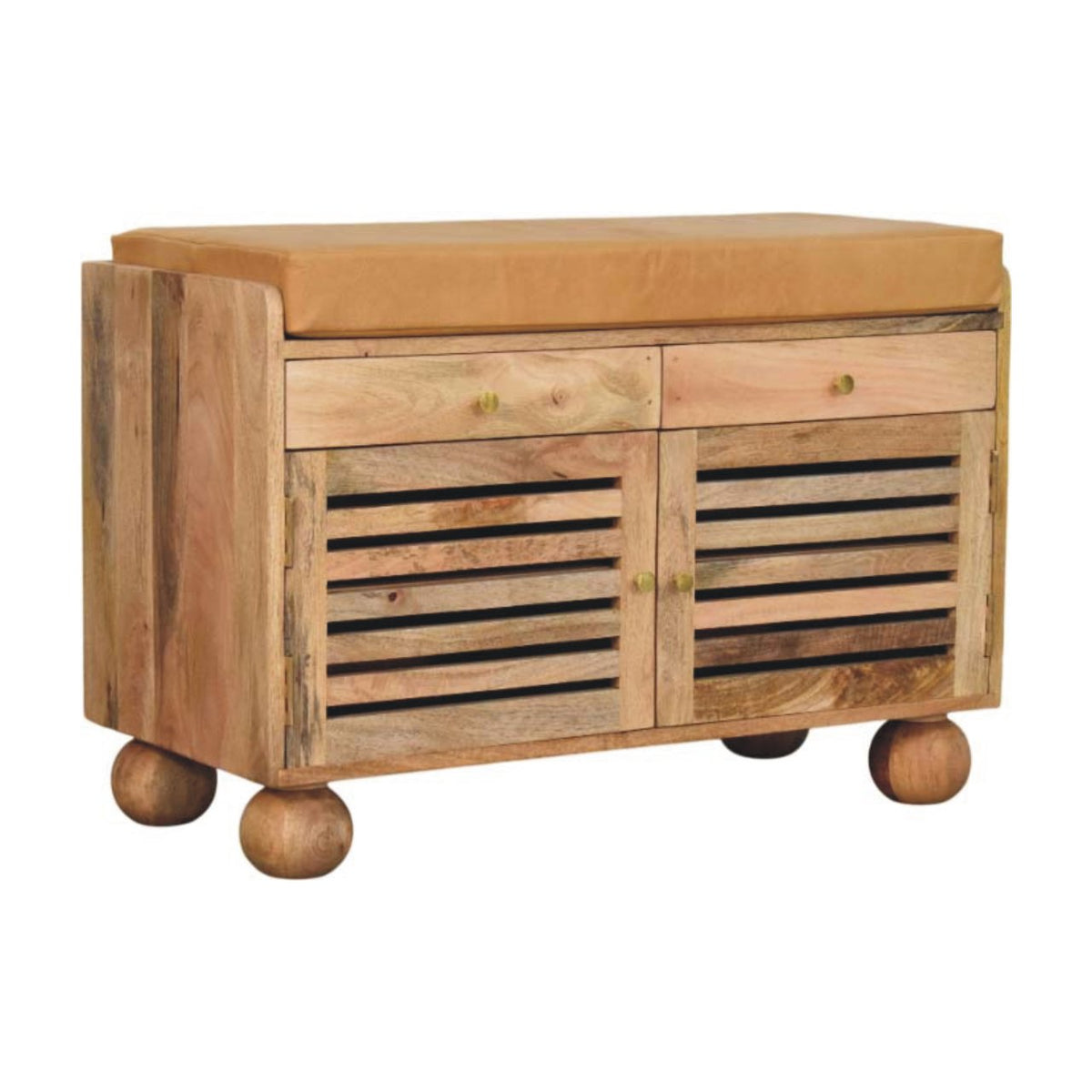 Shutter Solid Mango Wood Shoe Cabinet – Oak-Ish Finish, 2 Drawers & Leather Seat