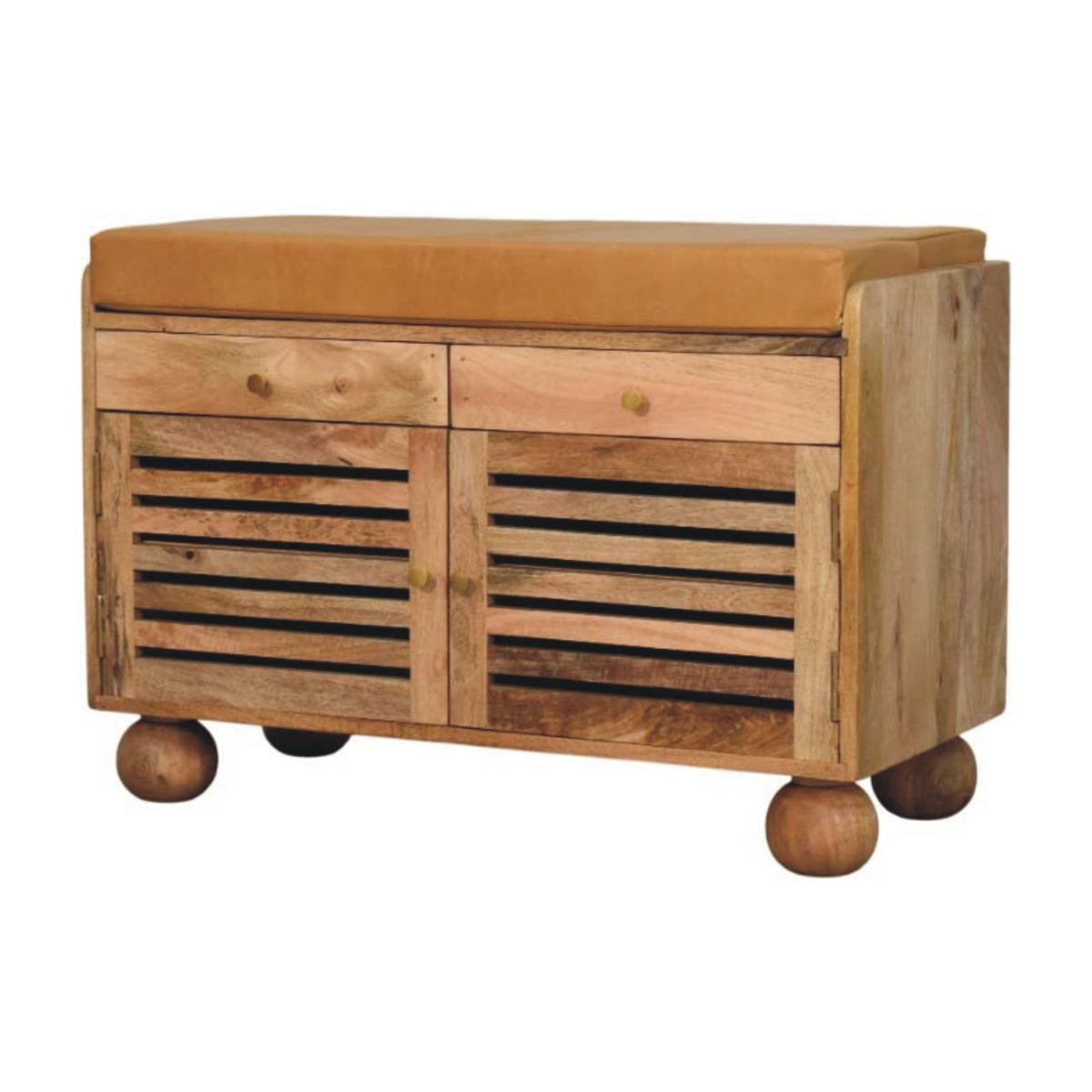 Shutter Solid Mango Wood Shoe Cabinet – Oak-Ish Finish, 2 Drawers & Leather Seat