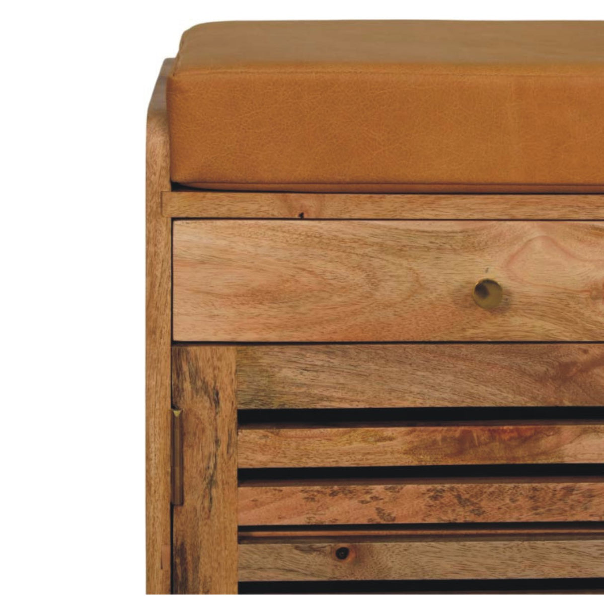 Shutter Solid Mango Wood Shoe Cabinet – Oak-Ish Finish, 2 Drawers & Leather Seat